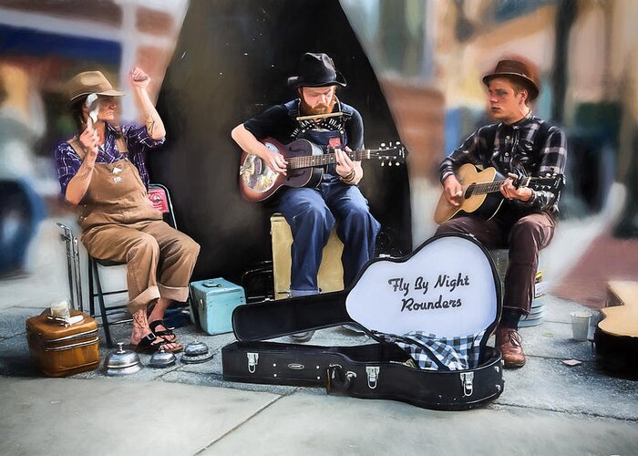 Buskers Greeting Card featuring the photograph The Fly By Night Rounders by John Haldane