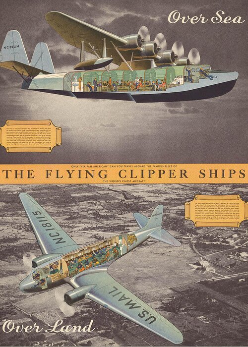 Pictorial Greeting Card featuring the mixed media The Flying Clipper Ships - Pan American Airways - Vintage Travel Advertising Poster by Studio Grafiikka