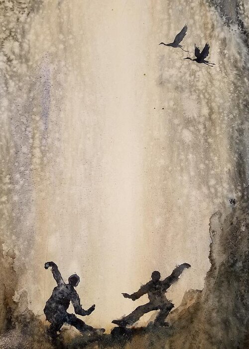 The Flying Cranes Greeting Card featuring the painting The flying cranes, waterfall and Tai chi by Han in Huang wong