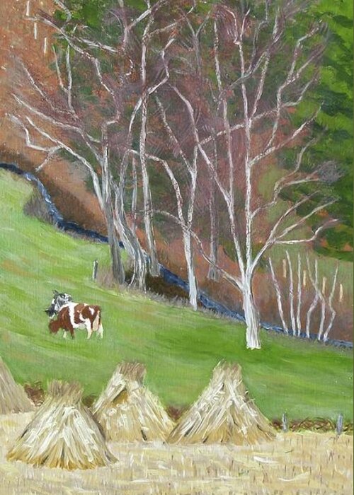 Landscape Greeting Card featuring the painting The fodder's in the shock by Barb Pennypacker