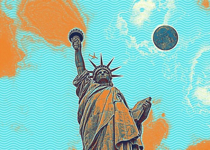 Statue Greeting Card featuring the painting The Fool Blood Moon and The Lady Liberty 5 by Celestial Images