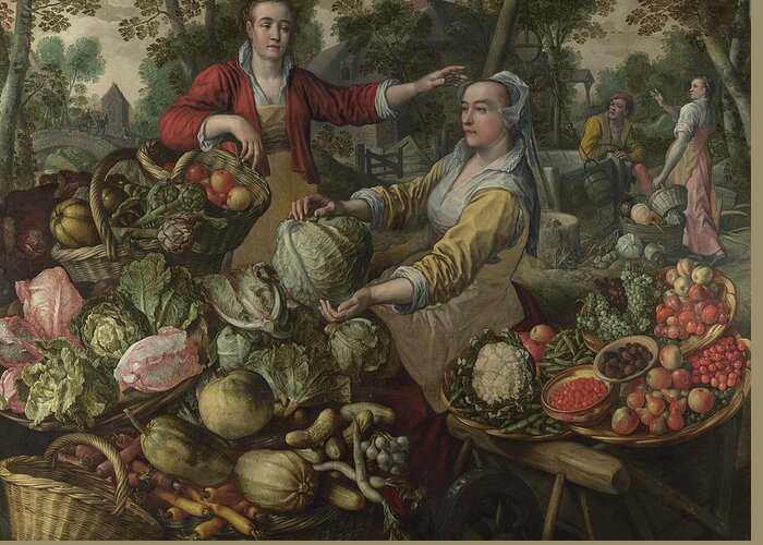 16th Century Art Greeting Card featuring the painting The Four Elements - Earth. A Fruit and Vegetable Market with the Flight into Egypt in the Background by Joachim Beuckelaer