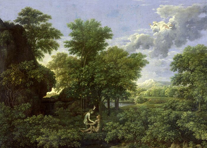 Spring Greeting Card featuring the painting The Garden of Eden by Nicolas Poussin 