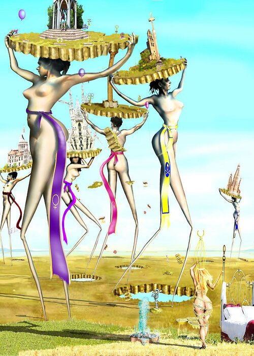 The Female Deity Sending Out Her Minions To Gather Male Religious Symbols Greeting Card featuring the digital art The Gathering of Male Religious Symbols Two by Leo Malboeuf