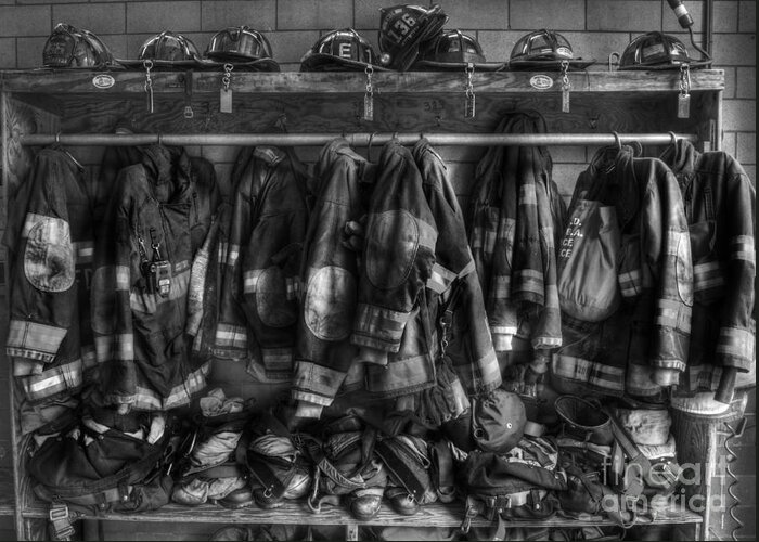 September 11 Greeting Card featuring the photograph The Gear of Heroes - Firemen - Fire Station by Lee Dos Santos