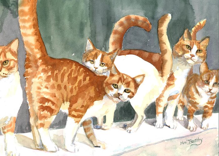 Ginger Cats Greeting Card featuring the painting The Ginger Gang by Mimi Boothby