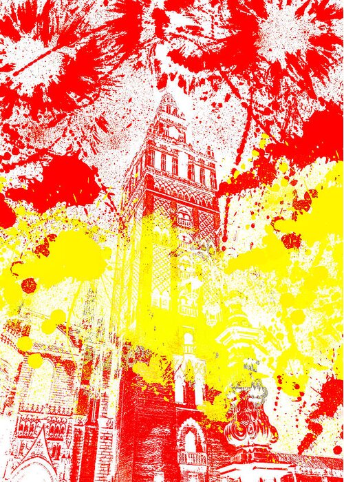 Cathedral Greeting Card featuring the digital art The Giralda - Spanish Flag by AM FineArtPrints