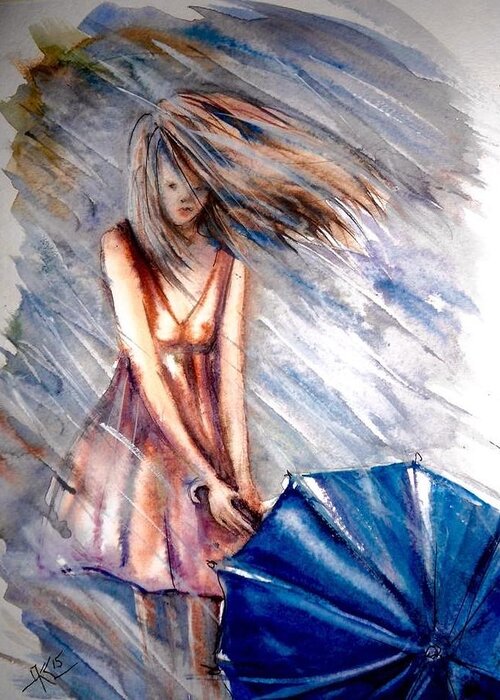 Girl Greeting Card featuring the painting The girl with a blue umbrella by Katerina Kovatcheva