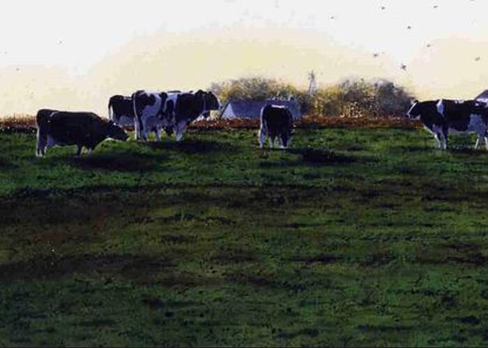 Cows Greeting Card featuring the painting The Grass is Greener by Denny Bond
