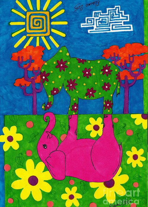 Elephants Greeting Card featuring the drawing The green is grasser on... by Elaine Berger