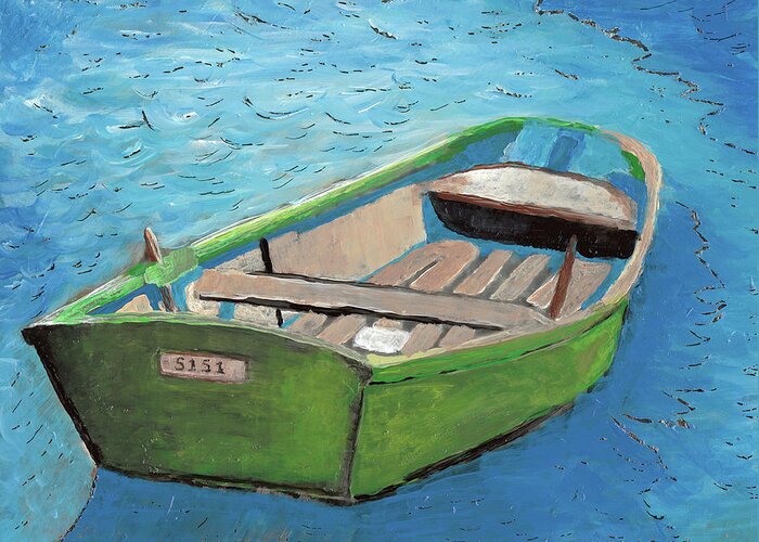 Rowboat Greeting Card featuring the painting The Green Rowboat by William Bowers