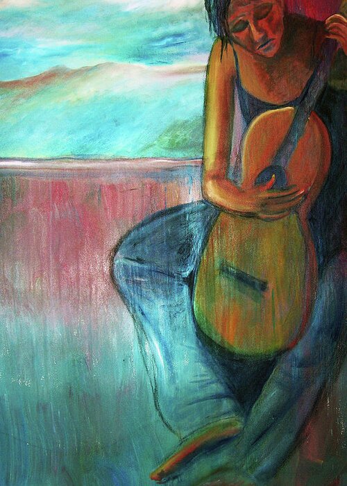 Woman Greeting Card featuring the painting The Guitarist by Frank Botello