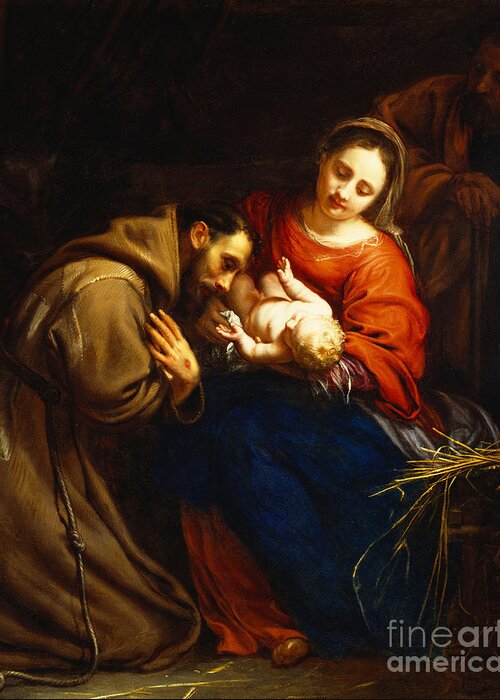 Holy Greeting Card featuring the painting The Holy Family with Saint Francis by Jacob van Oost