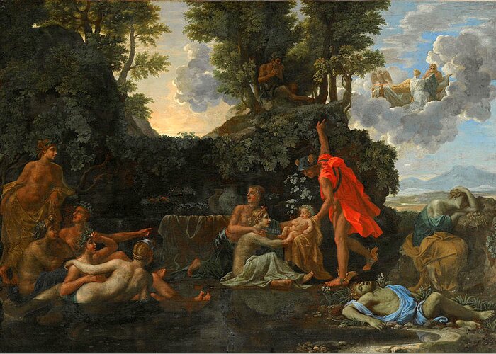 Nicolas Poussin Greeting Card featuring the painting The Infant Bacchus Entrusted to the Nymphs of Nysa. The Death of Echo and Narcissus by Nicolas Poussin
