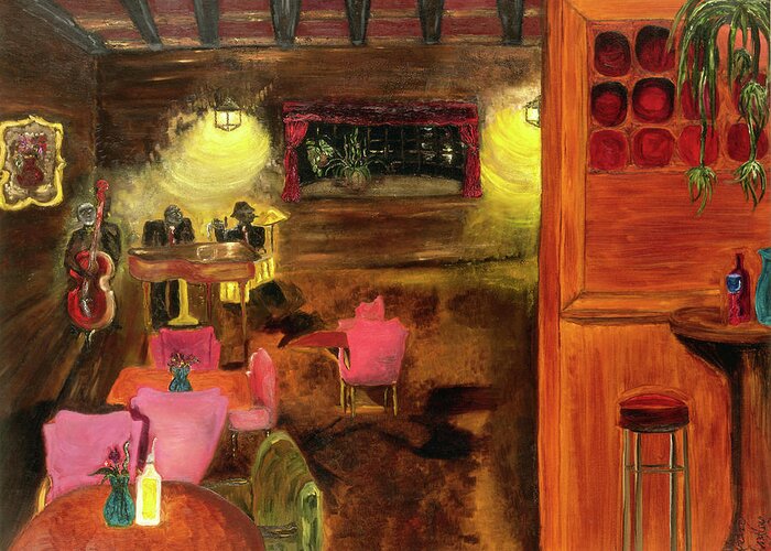 Musicians Greeting Card featuring the painting The Jazz Club by Anitra Handey-Boyt
