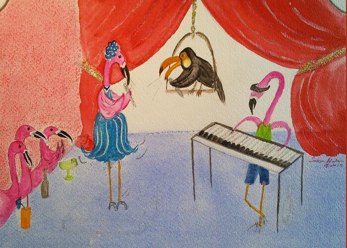 Whimsical Greeting Card featuring the painting The Jazz Singers by Susan Nielsen