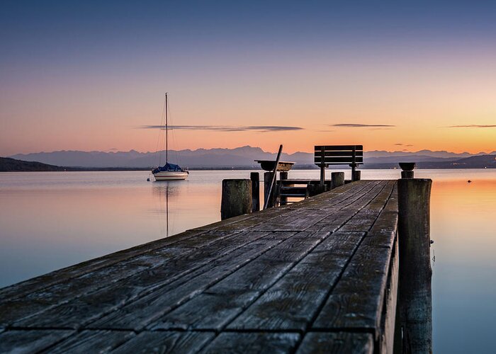 Ammersee Greeting Card featuring the photograph The jetty to sunset by Hannes Cmarits
