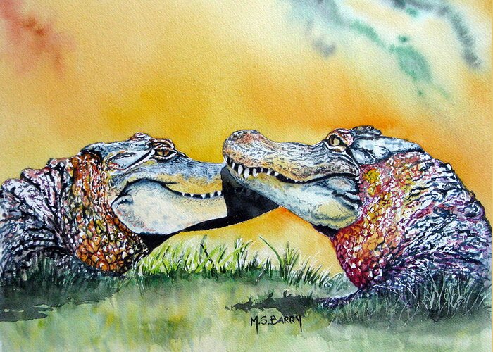 Alligators Greeting Card featuring the painting The Kiss by Maria Barry
