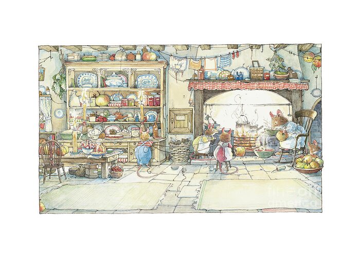Brambly Hedge Greeting Card featuring the drawing The Kitchen At Crabapple Cottage by Brambly Hedge