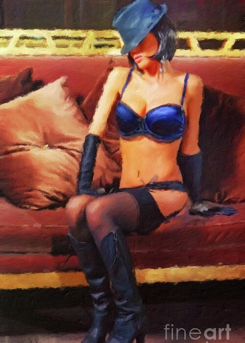 Burlesque Greeting Card featuring the painting The Lady Wears Blue by Mary Bassett by Esoterica Art Agency
