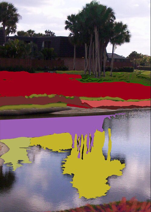 Nature Painted Photo Red Art Yellow Art Purple Art Greeting Card featuring the mixed media The Lake by Suzanne Udell Levinger
