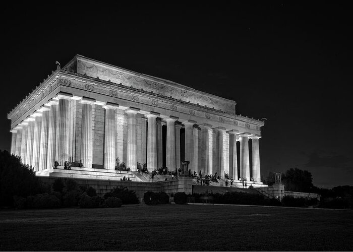 Lincoln Memorial Greeting Card featuring the photograph The Lincoln Memorial At Night In Black and White by Greg and Chrystal Mimbs