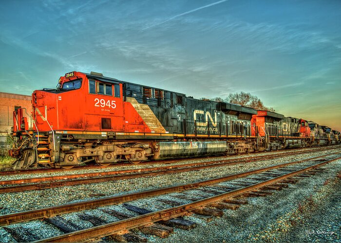 Reid Callaway Canadian National Railway Art Greeting Card featuring the photograph CN 2945 The Line Up Canadian National Norfolk Southern Locomotives Art by Reid Callaway