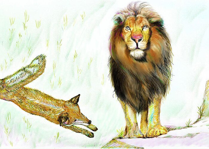 Lion Greeting Card featuring the painting The Lion and The Fox 2 - The True FriendShip by Sukalya Chearanantana