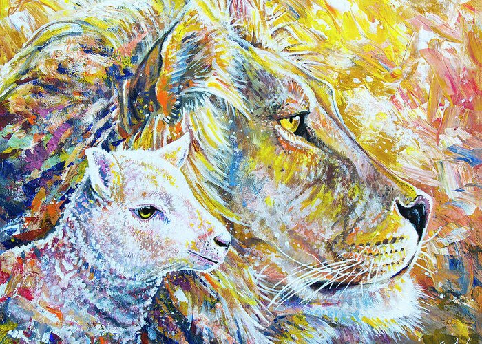 Lion Greeting Card featuring the painting The Lion and the Lamb by Aaron Spong