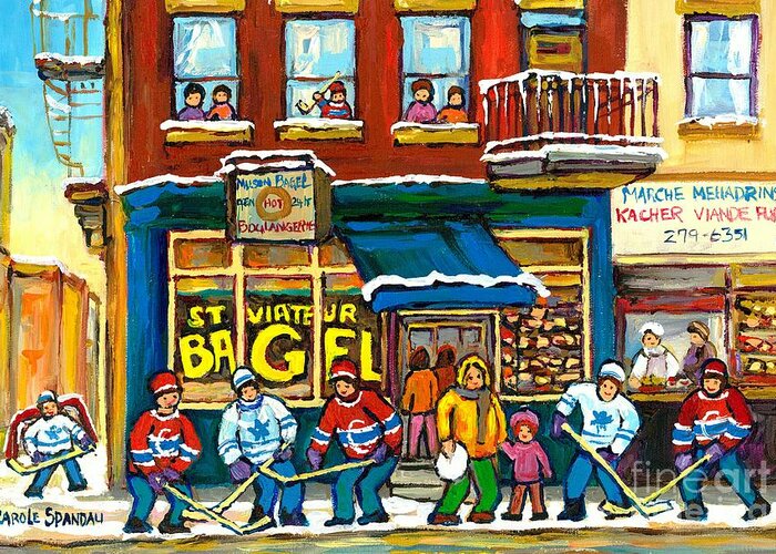 St.viateur Bagel Greeting Card featuring the painting The Local Bagel Shop Hockey Painting Winter Fun Montreal Memories Canadian Art Carole Spandau    by Carole Spandau