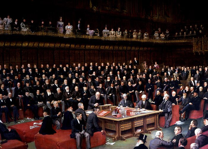 The Greeting Card featuring the painting The Lord Chancellor About to Put the Question in the Debate about Home Rule in the House of Lords by English School