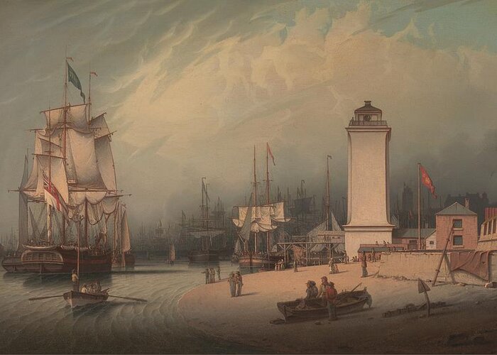 The Low Lighthouse Greeting Card featuring the painting The Low Lighthouse, North Shields by Robert Salmon, 1828. by Celestial Images