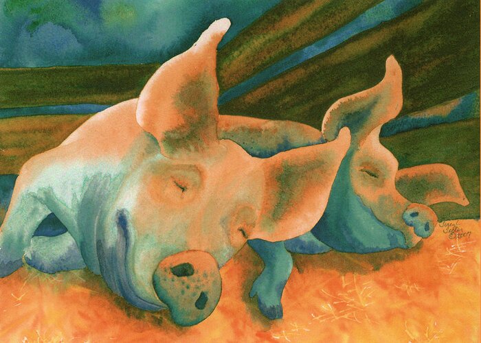 Pig Greeting Card featuring the painting The Lucky Ones by Tracy L Teeter 