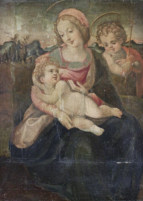 Circle Of Francesco Del Brina Greeting Card featuring the painting The Madonna and Child with the Infant Saint John the Baptist before an open landscape by Circle of Francesco del Brina