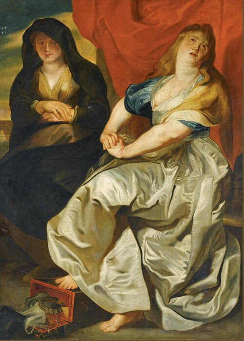 Follower Of Peter Paul Rubens Greeting Card featuring the painting The Magdalene repenting of her Wordly Vanities by Follower of Peter Paul Rubens