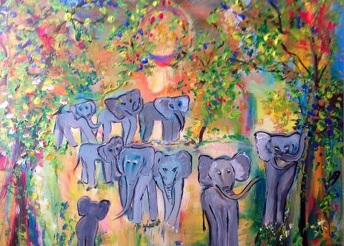 Herd Greeting Card featuring the painting The magical elephant herd by Judith Desrosiers