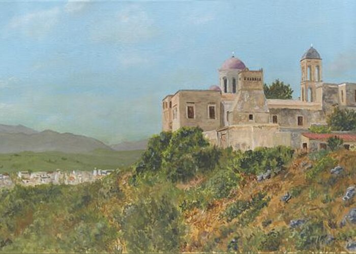 Crete Greeting Card featuring the painting The Monastery of Gonia Kolymbari Crete by David Capon