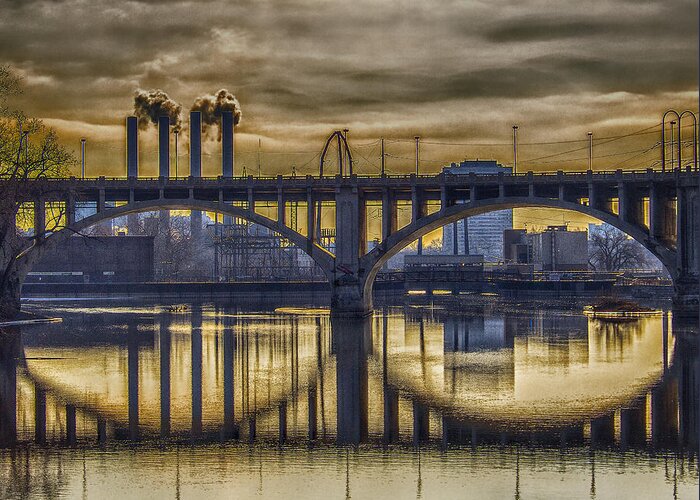 Minneapolis Greeting Card featuring the photograph The Mood Through the Third Avenue Bridge by Bill and Linda Tiepelman