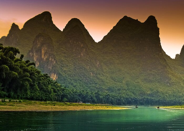 Sunset Greeting Card featuring the photograph The mountain can not stop the sunset-China Guilin scenery Lijiang River in Yangshuo by Artto Pan
