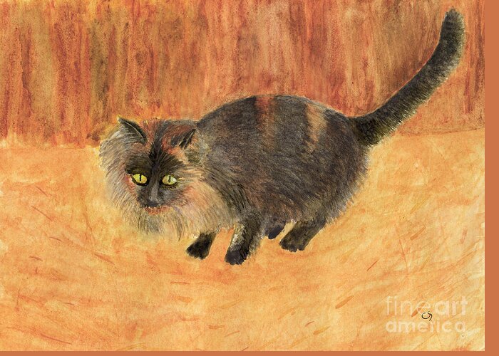 Barn Cat Greeting Card featuring the painting The Mouser, Barn Cat Watercolor by Conni Schaftenaar