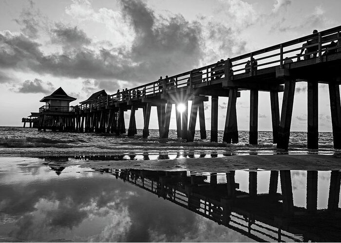 Naples Greeting Card featuring the photograph Naples pier at sunset Naples Florida Black and White by Toby McGuire