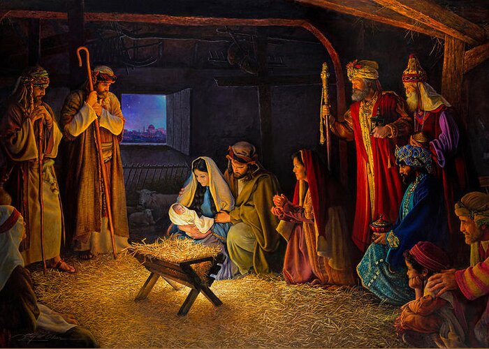 Jesus Greeting Card featuring the painting The Nativity by Greg Olsen