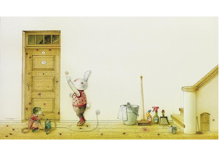 Snake Illustration Drawing Children Rabbit Colorful Greeting Card featuring the painting The Neighbor around the Corner01 by Kestutis Kasparavicius