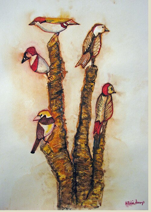 Birds Greeting Card featuring the painting The Night Watchers by Patricia Arroyo