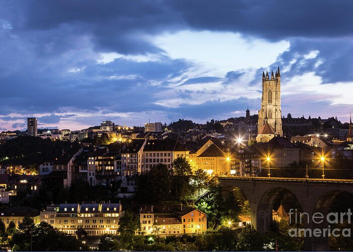 Catholic Greeting Card featuring the photograph The nights of Fribourg by Didier Marti