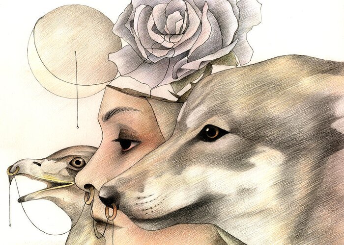 Wolf Greeting Card featuring the drawing The Nomads that Are and the World that Is. by Johanna Pieterman