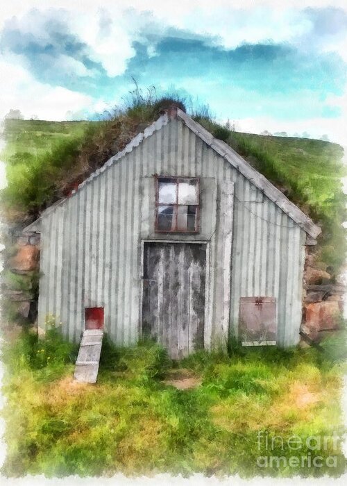 Iceland Greeting Card featuring the painting The Old Chicken Coop Iceland Turf Barn by Edward Fielding
