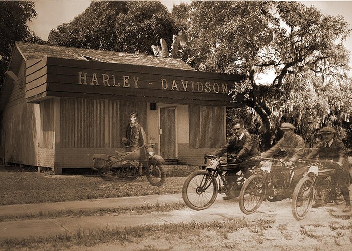 Harley Davidson Greeting Card featuring the digital art The Old Stuart Harley Shop by Richard Nickson
