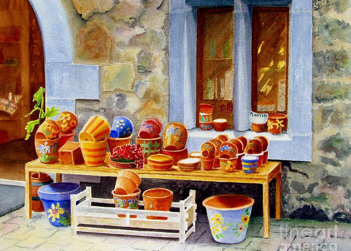 Shop Greeting Card featuring the painting The Pottery Shop by Karen Fleschler