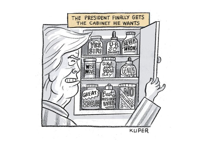 The President Finally Gets The Cabinet He Wants Greeting Card featuring the drawing The President Finally Gets the Cabinet he Wants by Peter Kuper
